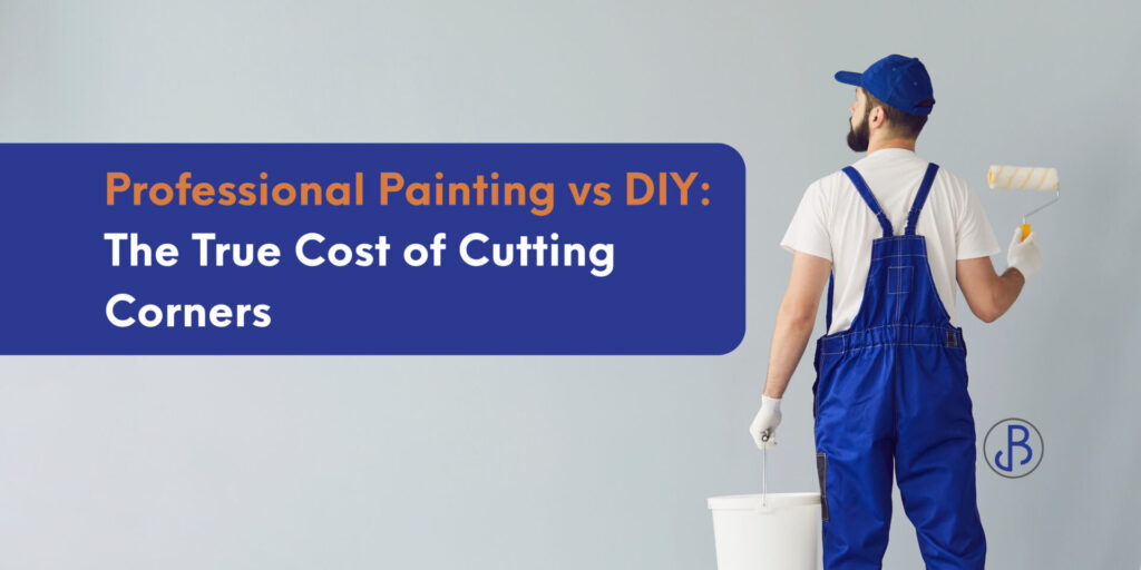 Man painting a wall with title overlay showing comparison of professional painting and DIY projects.