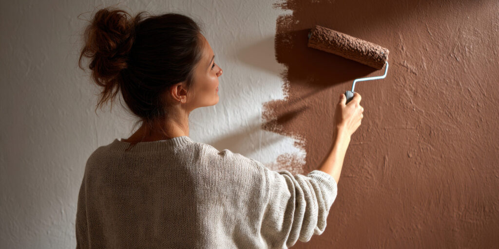 A person uses a paint roller to apply brown paint on a white textured wall. 