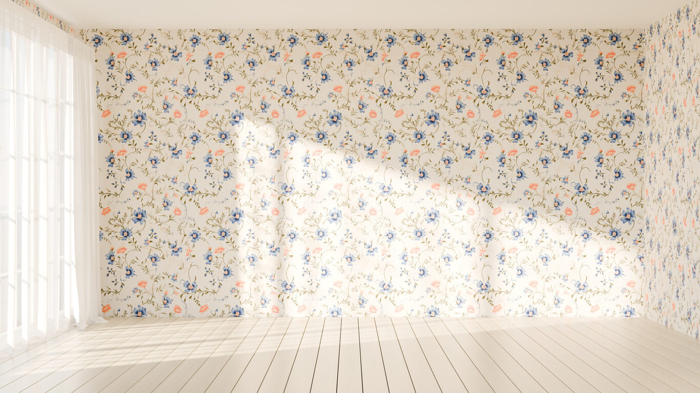 Empty room with light wooden floor and floral wallpaper, sunlight streaming in through large windows on the left, casting shadows on the wall and floor. - Jeff Bryant Painting